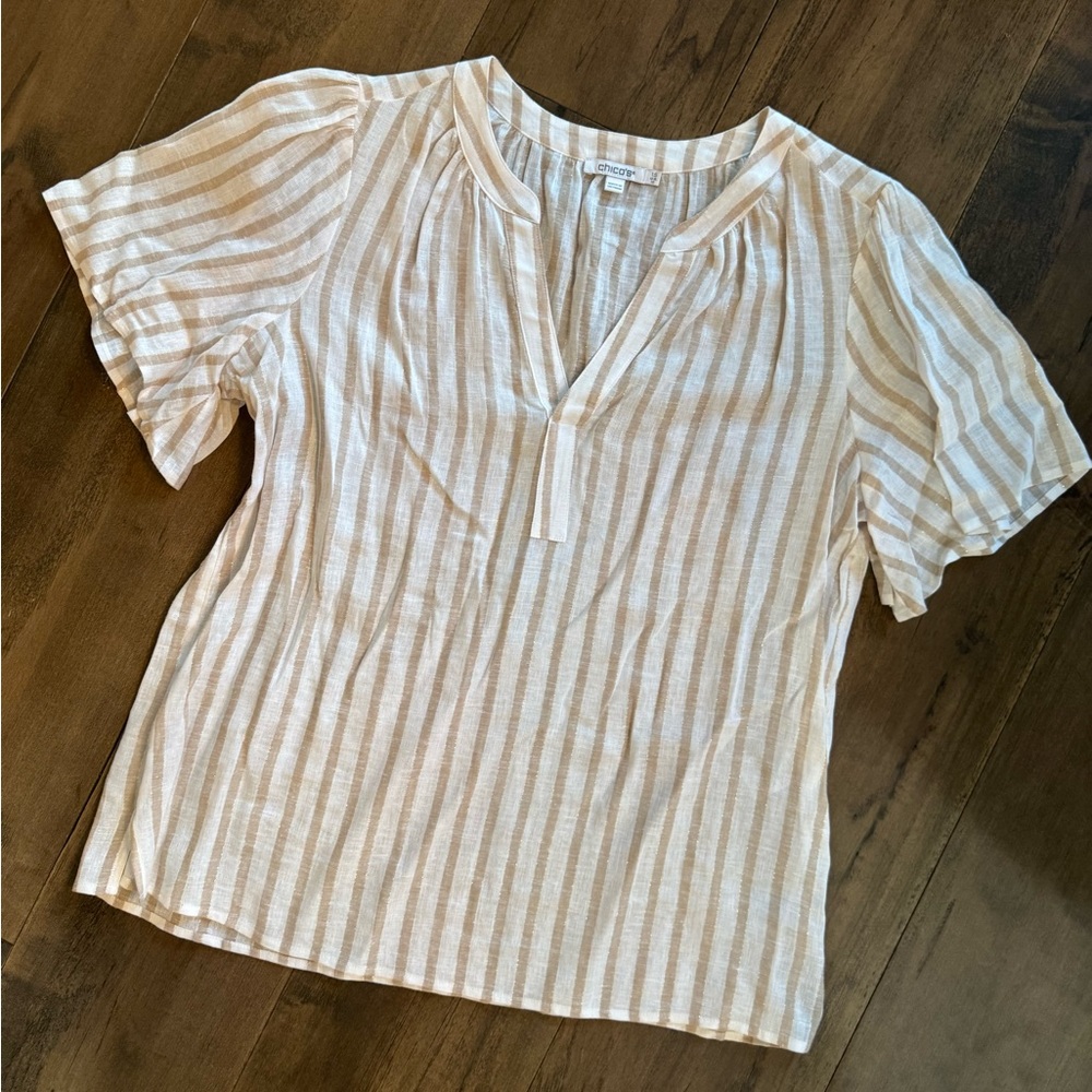 Chicos matte gold & cream sheer striped top